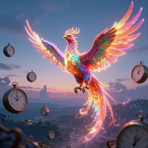 Vibrant, multicolored phoenix with glowing feathers mid-flight, surrounded by floating clocks, against a twilight cityscape sky. Digital art.