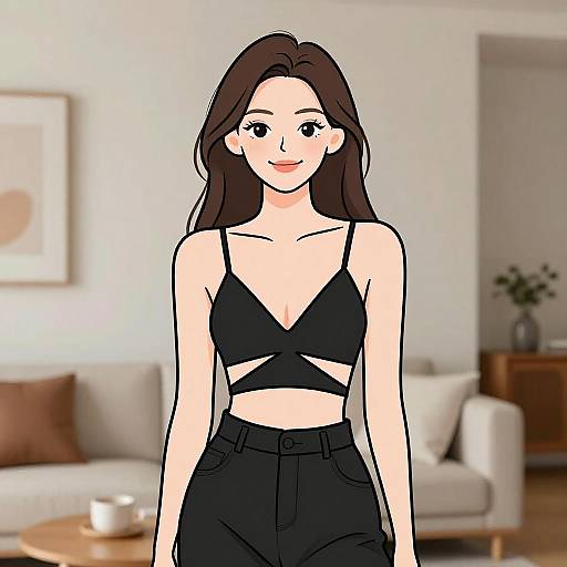 Digital anime-style drawing of a fair-skinned woman with long brown hair, wearing a black crop top and high-waisted black pants, standing in
