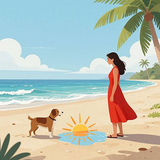 Digital illustration of a woman in a red dress and black sandals standing on a sunny beach, looking at a brown dog near a reflected sun. Palm trees