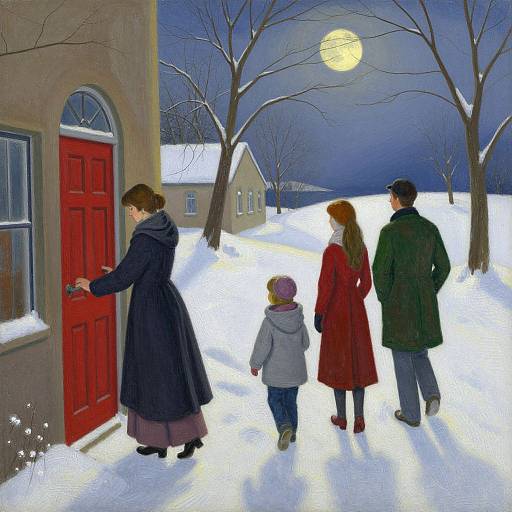 Digital painting of a snowy night: a woman in a dark coat unlocks a red door, family in winter clothes walks away. Full moon, bare trees
