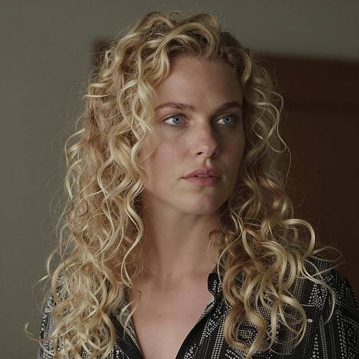 Serious Woman with Curly Blonde Hair