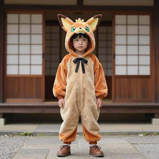 Child in Fox Anime Costume in Front of Traditional Japanese Building