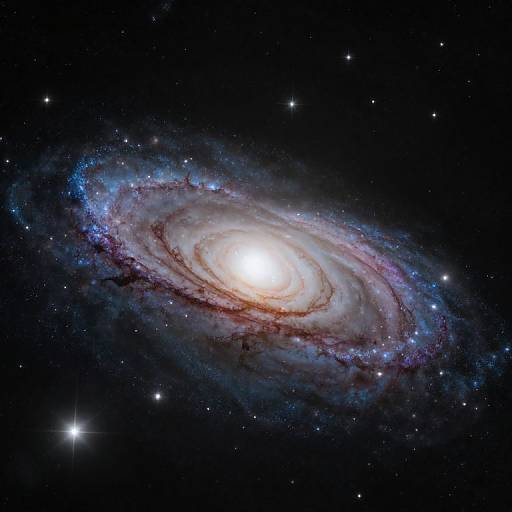 Photograph of a spiraling galaxy with a bright core, surrounded by blue and purple nebulae, set against a star-filled black space.