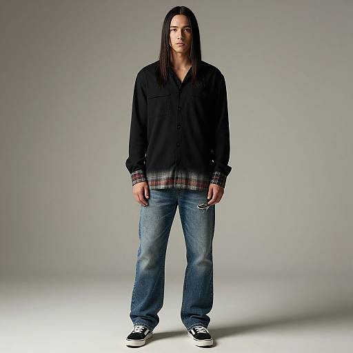 Photograph of a young Asian man with long black hair, wearing a black button-up shirt over a plaid shirt, blue jeans, and black sneakers