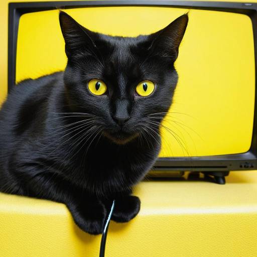 Focused Black Cat on Yellow Background