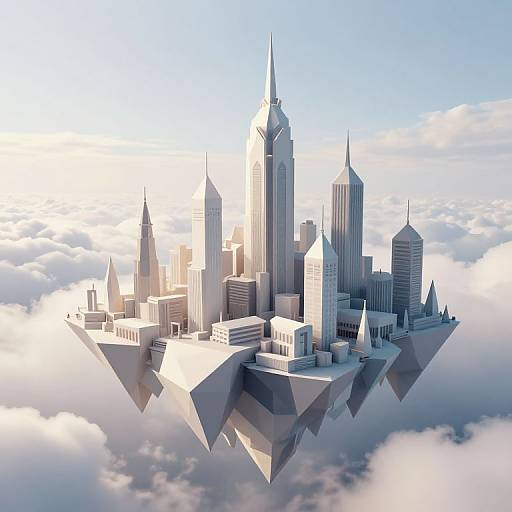 CGI image of a futuristic floating city with modern skyscrapers, including a prominent tall building, set against a cloudy sky.