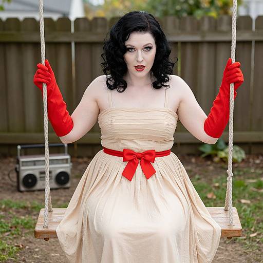 Photograph of a pale-skinned, curvy woman with black curly hair, red gloves, and a cream dress with a red bow, sitting on