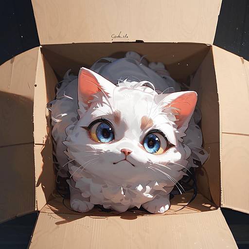 Curled-Up Cat on Pillow in Box