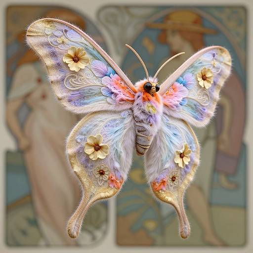 Photorealistic digital artwork of a vibrant butterfly with white, pink, and blue wings adorned with yellow flowers, set against a blurred Art Nouveau-style