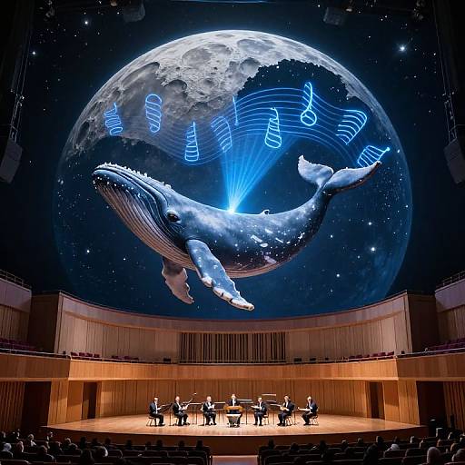 Photorealistic digital artwork of a large blue whale with glowing musical notes, flying above a concert hall stage with musicians.