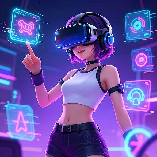 Digital art of a purple-haired woman in VR headset, white crop top, black pants, neon cyberpunk background with glowing icons.