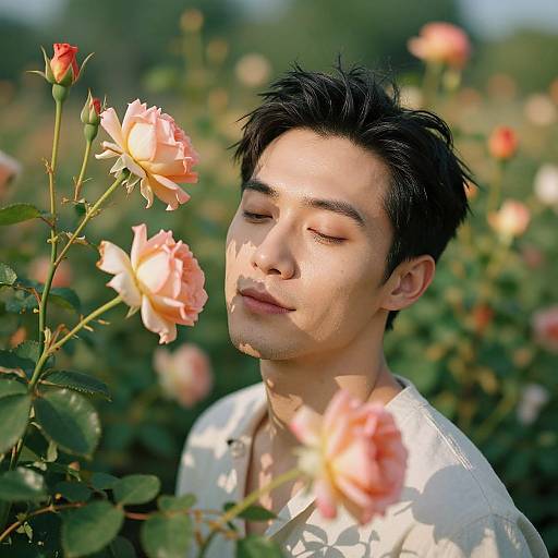 Photograph of a young Asian man with short black hair, closed eyes, and serene expression, surrounded by blooming peach roses in a sunlit garden