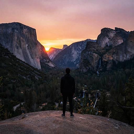 Silhouetted Person Overlooking Yosemite Valley at Sunset