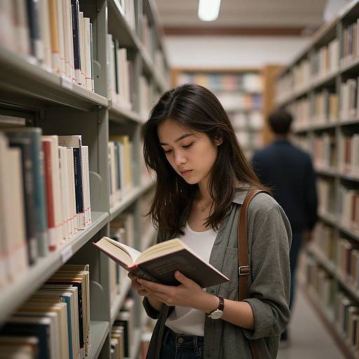 Focused Woman Reading in Library