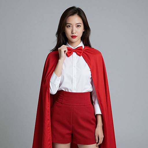 Woman in Red Cape and Bow Tie