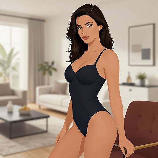 Digital illustration of a curvy woman with long black hair, wearing a black one-piece swimsuit, standing in a bright, modern living room.