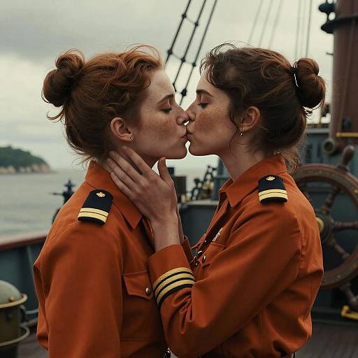 Photograph of two women in orange naval uniforms kissing passionately on a ship deck, with one hand gently holding the other's face. Overcast sky and