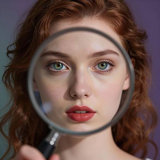 Close-up photograph of a fair-skinned woman with green eyes, red lips, and wavy brown hair, viewed through a magnifying glass against a