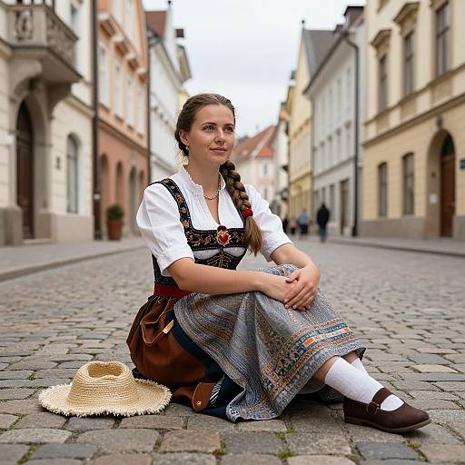 Photograph of a young woman with braided brown hair, wearing a white blouse, black pinafore, and blue-patterned skirt, sitting on