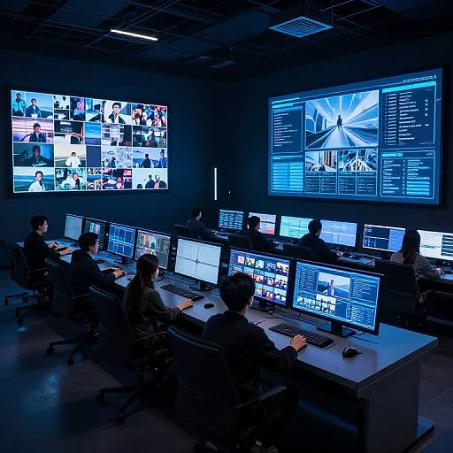 Photograph of a dimly lit control room with six technicians seated at desks, working on illuminated computer screens, surrounded by large blue-lit data and