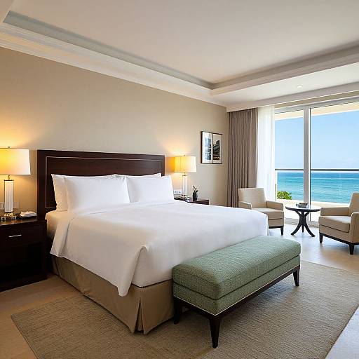 Photograph of a modern hotel room with a large bed, green bench, two lamps, ocean view, and beige carpet.