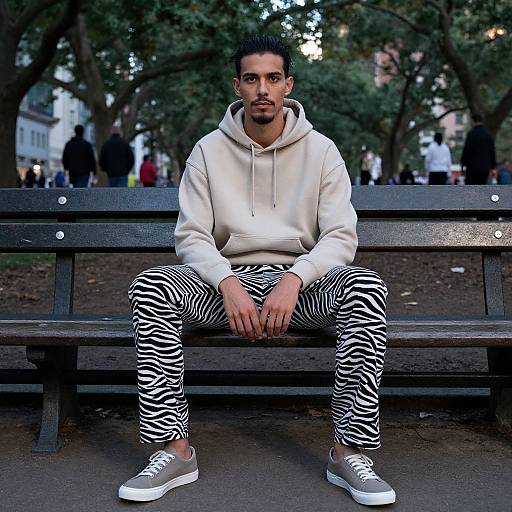 Photograph of a man with short black hair, medium build, light brown skin, wearing a white hoodie and zebra-patterned pants, sitting on