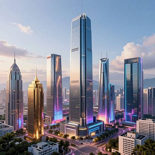 Digital illustration of a futuristic cityscape at sunset, featuring tall, illuminated skyscrapers with reflective glass, colorful neon lights, and a winding road in