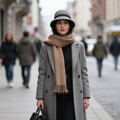 Photograph of a young woman in a grey coat, black dress, beige scarf, and black hat walking on a city street. Blurred pedestrians in