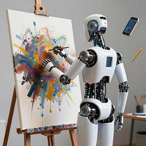 Futuristic Robotic Artist Painting Canvas