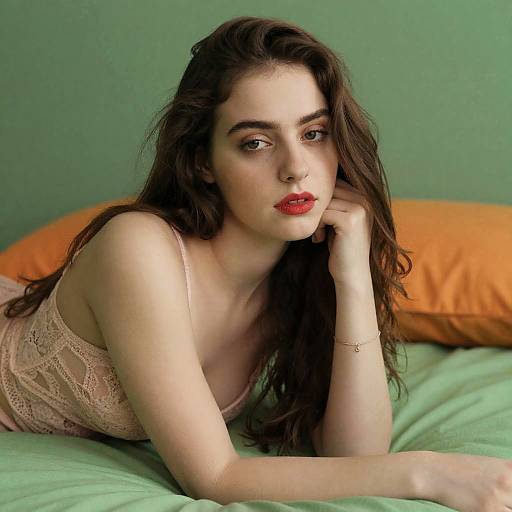 Young Woman on Bed with Colorful Sheets