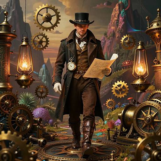 Victorian-era steampunk man with top hat, long coat, and clock pocket watch, holding map, surrounded by gears, lanterns, and