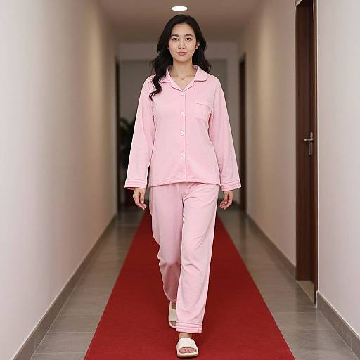 Woman in Pink Pajamas on Red Carpet