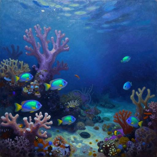 Vibrant underwater photograph of colorful coral reef with blue-green fish swimming among pink, red, and purple corals in a deep blue ocean.