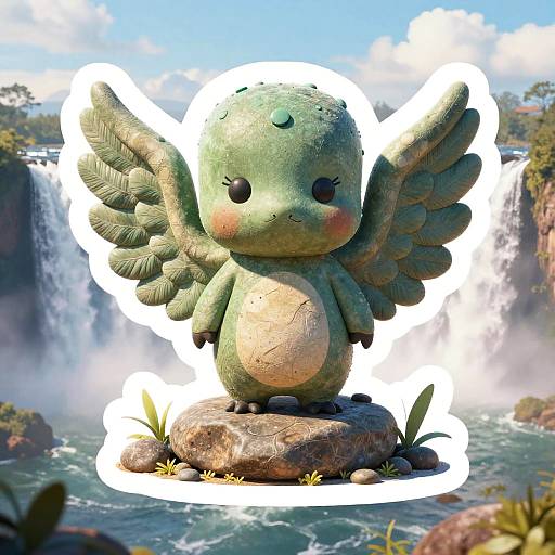 Digital art of a cute, green, chubby-winged creature with blushing cheeks, standing on a rock in front of a waterfall.