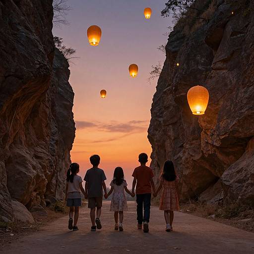 Photograph of five children holding hands, walking through a rocky canyon at sunset, with glowing orange lanterns floating above.