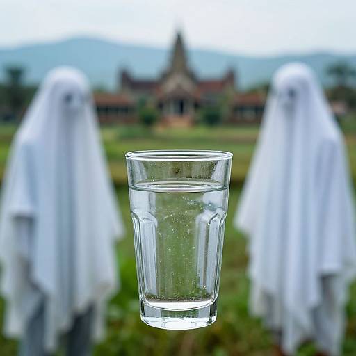 Photograph of a clear glass with water in the foreground, two blurred ghost-like figures in white cloaks, and a distant, out-of-focus traditional