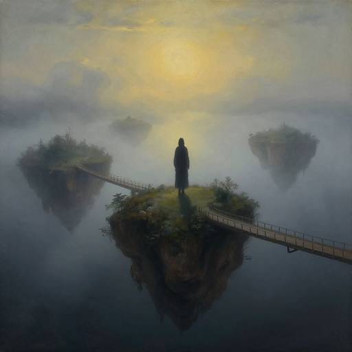 Digital painting of a lone figure standing on a small island, silhouetted against a glowing yellow sunrise, with a narrow bridge connecting to misty