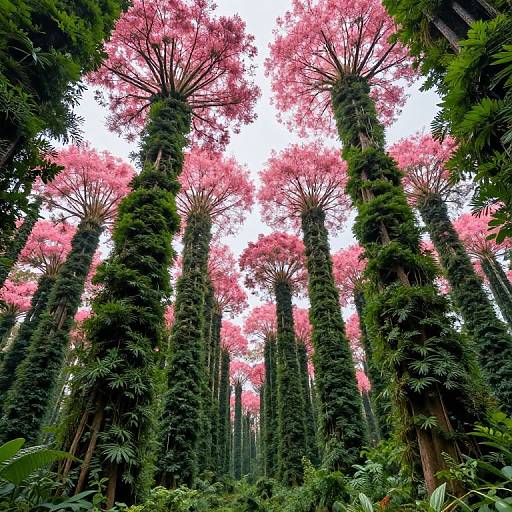 Photograph of towering, green-leafed trees with vibrant pink canopies, viewed from below, creating an ethereal forest scene. Bright white sky