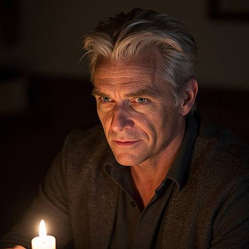 Rustic Silver-Haired Man Candlelit Portrait
