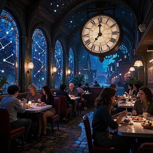 Photograph of a dimly lit, vintage-style restaurant with large clock, blue starlit windows, and patrons enjoying meals in cozy booths.
