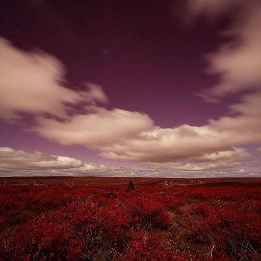 Photograph of a vivid, purple-tinted landscape with red bushes, a single tree, and white clouds against a dark, dramatic sky.