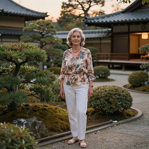 Senior Woman in Traditional Japanese Garden at Dusk