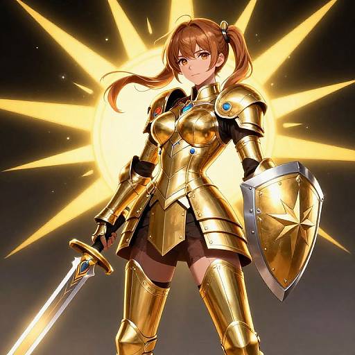 Anime-style digital drawing of a brown-haired, brown-eyed female warrior in golden armor, holding a sword and shield, with radiant yellow starburst background.