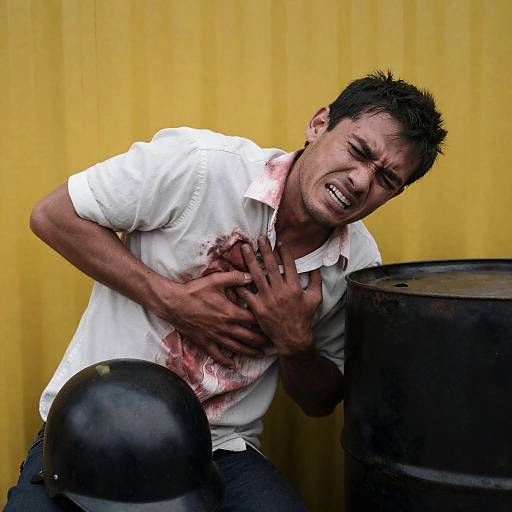 Intense Man in Pain Against a Barrel