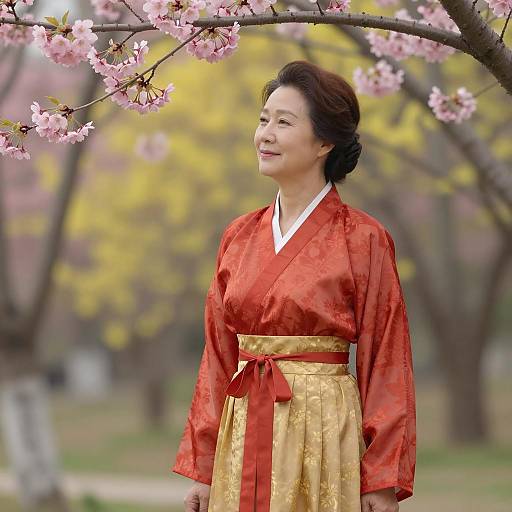 Older Woman in Traditional Red and Gold Dress with Cherry Blossoms