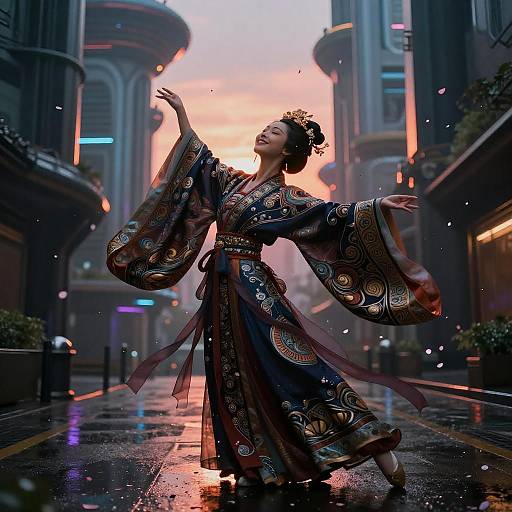 Masked Noh Dancer in Neon Alley