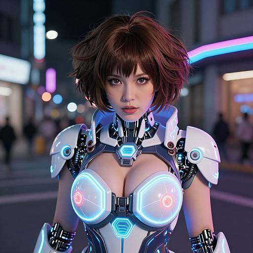 CGI cyberpunk image of a woman with short brown hair, glowing neon armor, and large illuminated breasts, standing in a neon-lit city street