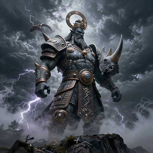 Digital artwork of a towering, muscular, horned deity in dark, ornate armor with lightning bolts, standing on a rocky mountain. Stormy,
