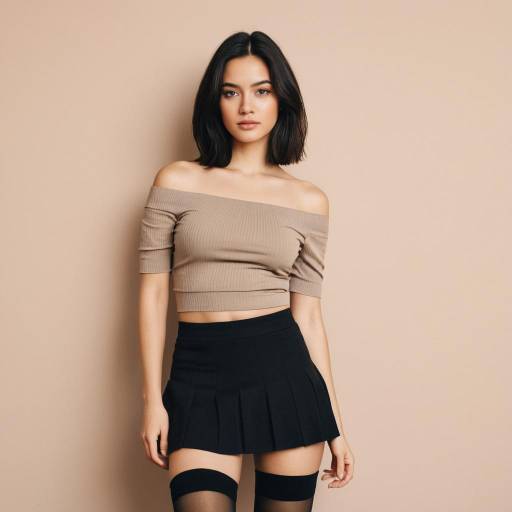 Young Woman in Taupe Off-Shoulder Top and Black Skirt