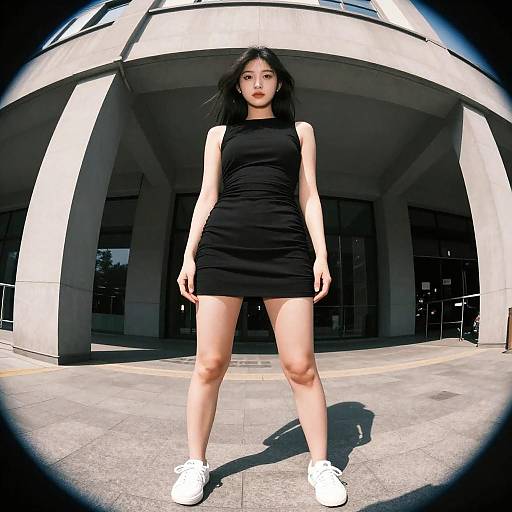 Young woman in black mini dress with white sneakers